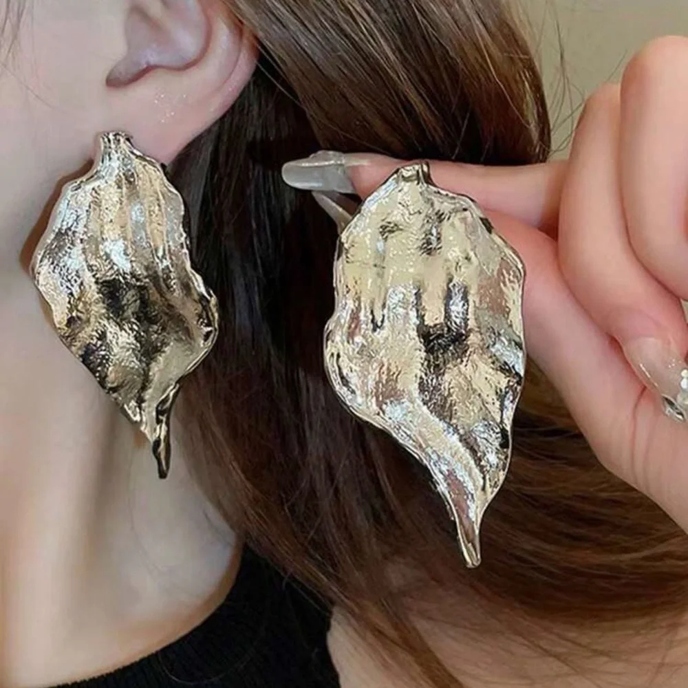 2/$30🌵 Large Silver Leaf Metal Earrings Statement Tree Nature Boho Jewelry NEW